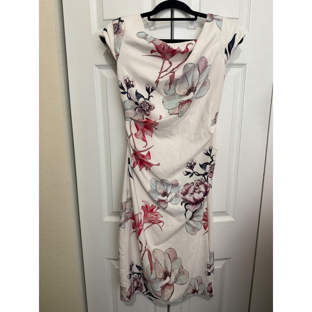 WHBM Size 2 Floral Sheath Dress Ruched Draped Stretch Wedding Guest Midi